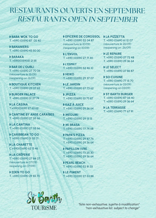 Restaurants ouverts à St Barthélémy en Septembre 2025