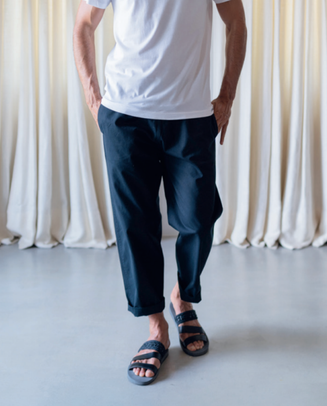 ELASTICATED COTTON TWILL NAVY TROUSERS - DANWARD