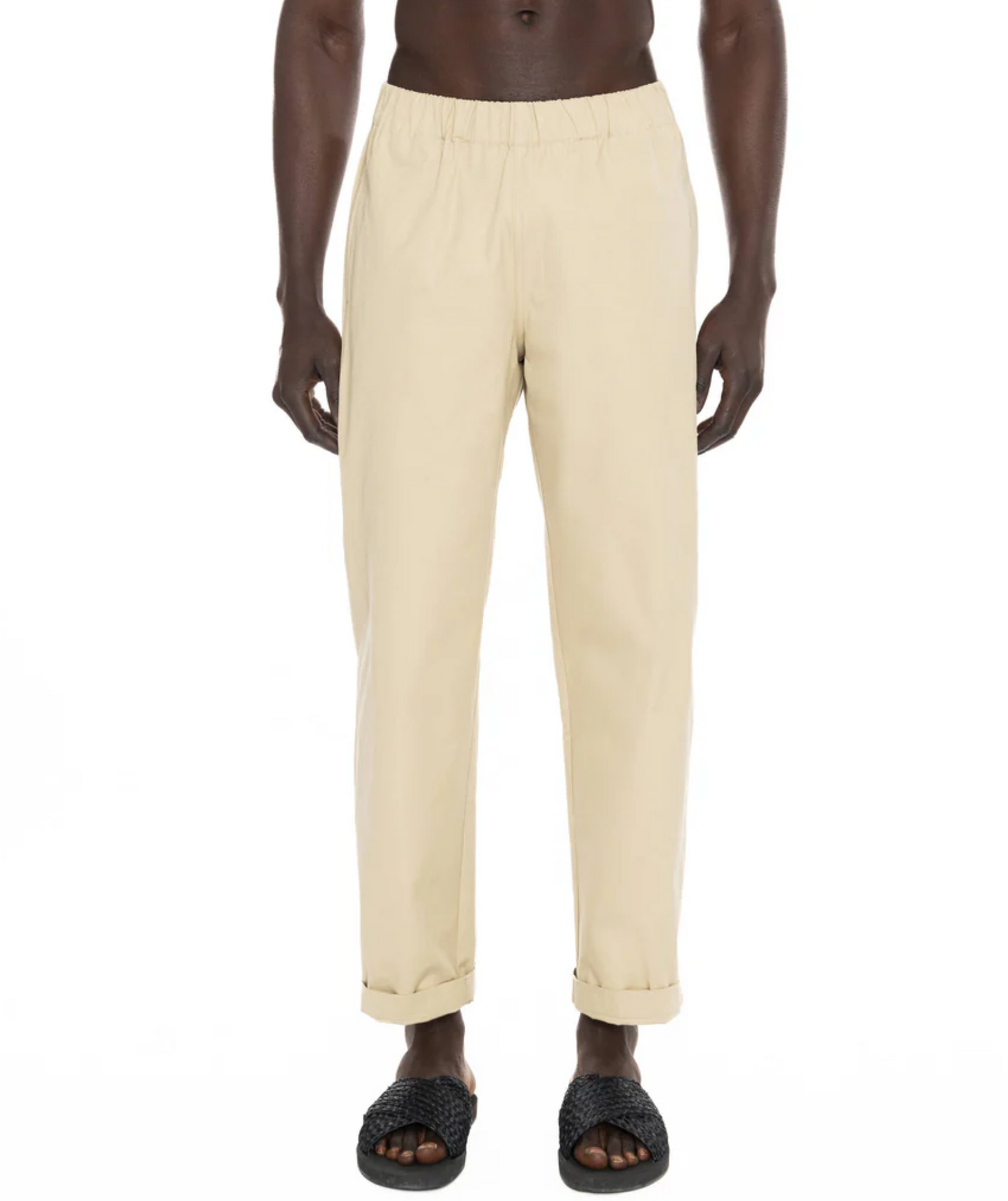 ELASTICATED COTTON TWILL NATURAL TROUSERS - DANWARD