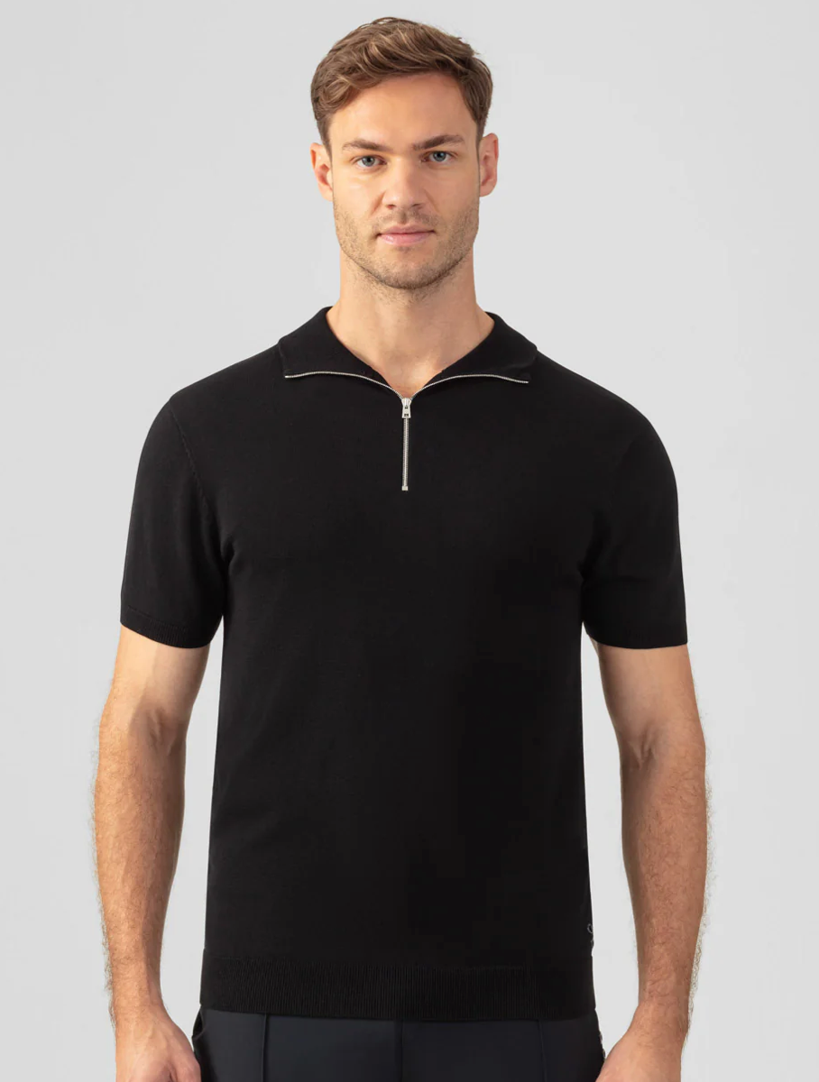POLO NEGRO CON CUELLO Y CREMALLERA DE ALGODÓN Y SEDA - RON DORFF
