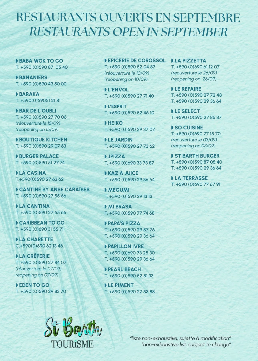 Restaurants ouverts à St Barthélémy en Septembre 2025