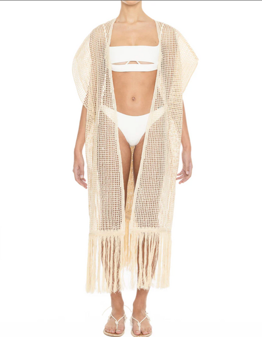 COTTON LINEN MESH KNIT CAFTAN BLACK OR IVORY - DANWARD