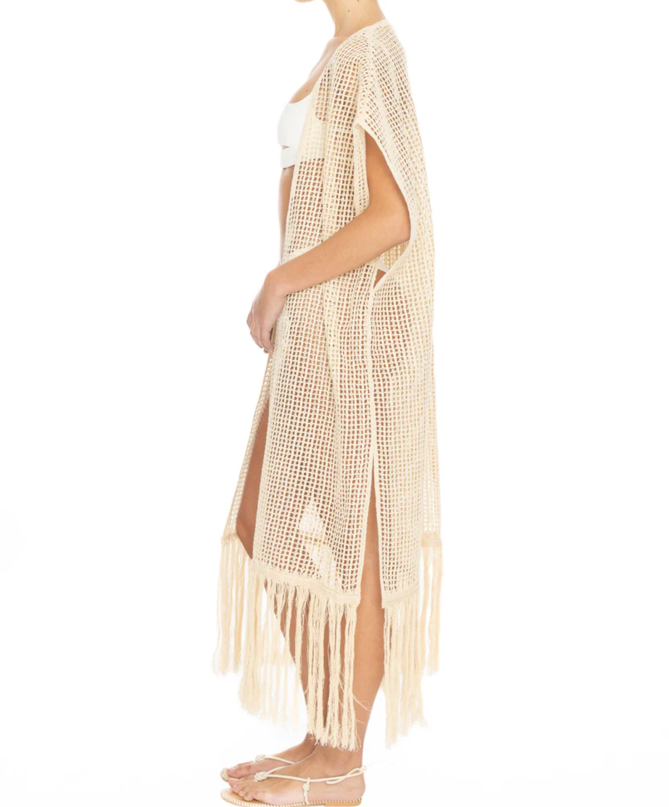 COTTON LINEN MESH KNIT CAFTAN BLACK OR IVORY - DANWARD