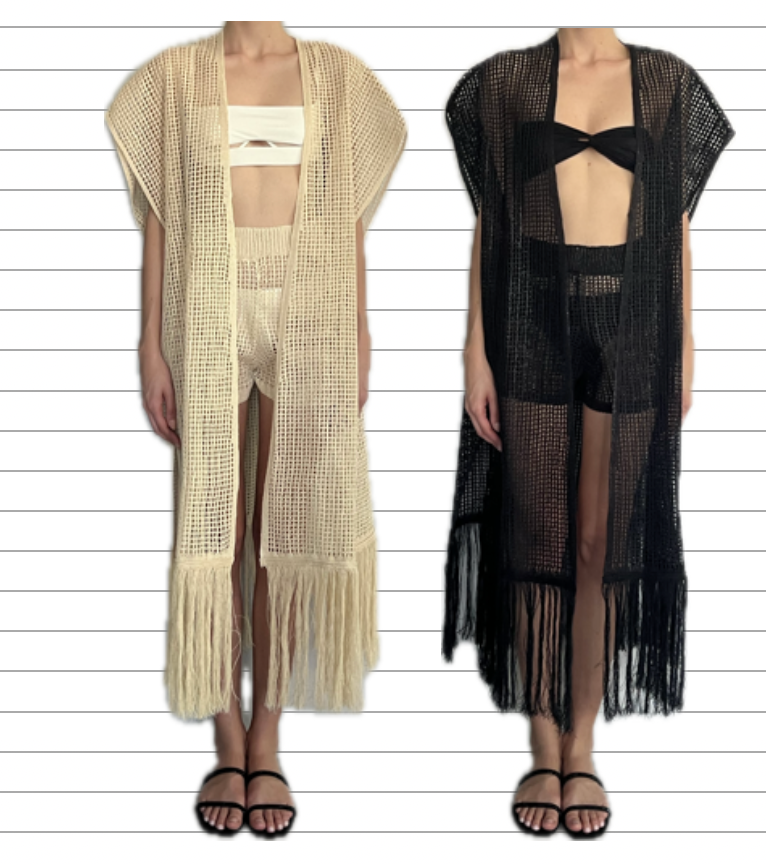 COTTON LINEN MESH KNIT CAFTAN BLACK OR IVORY - DANWARD